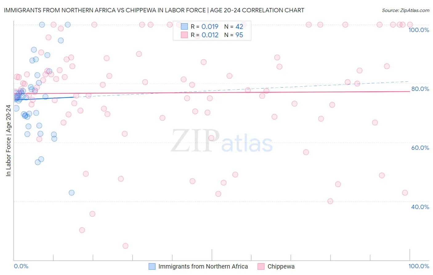 Immigrants from Northern Africa vs Chippewa In Labor Force | Age 20-24