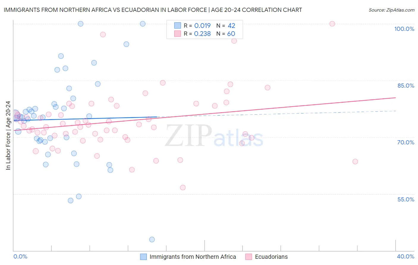 Immigrants from Northern Africa vs Ecuadorian In Labor Force | Age 20-24
