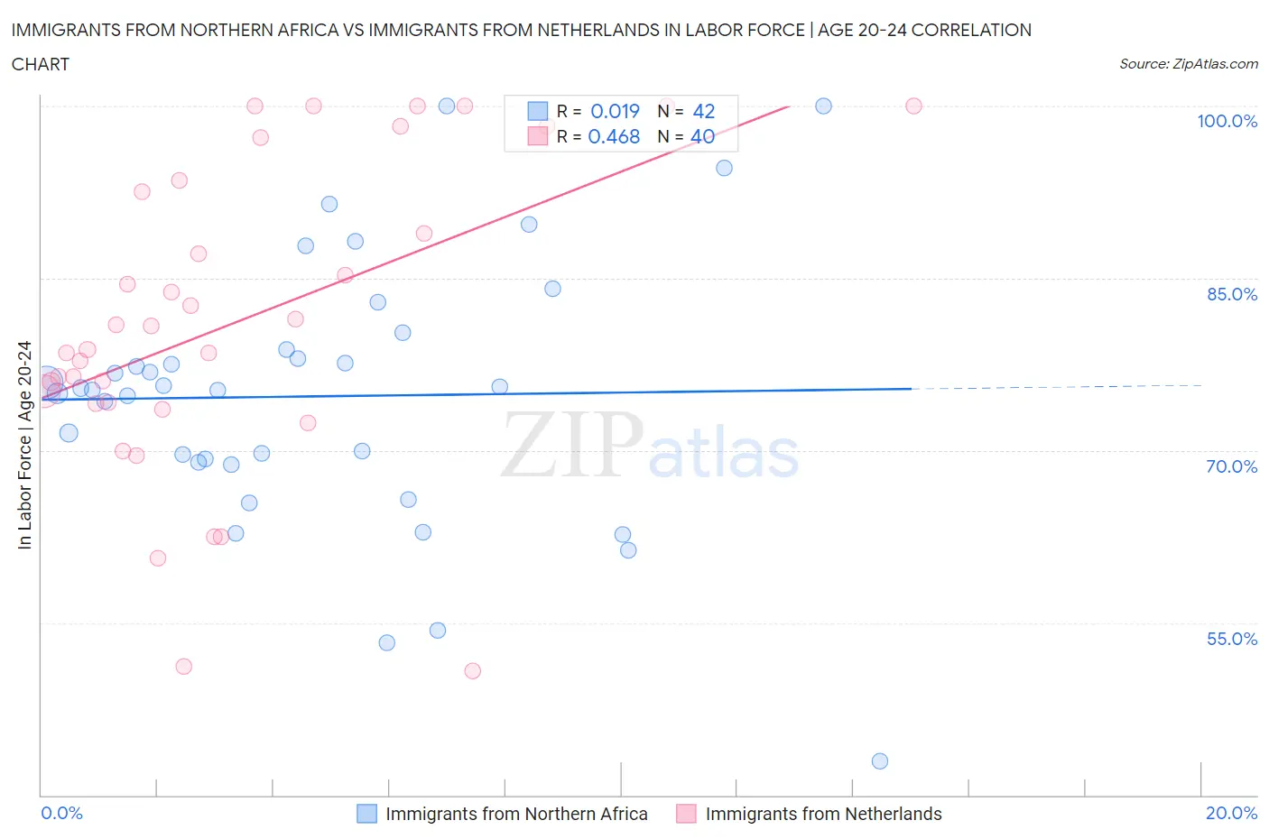 Immigrants from Northern Africa vs Immigrants from Netherlands In Labor Force | Age 20-24