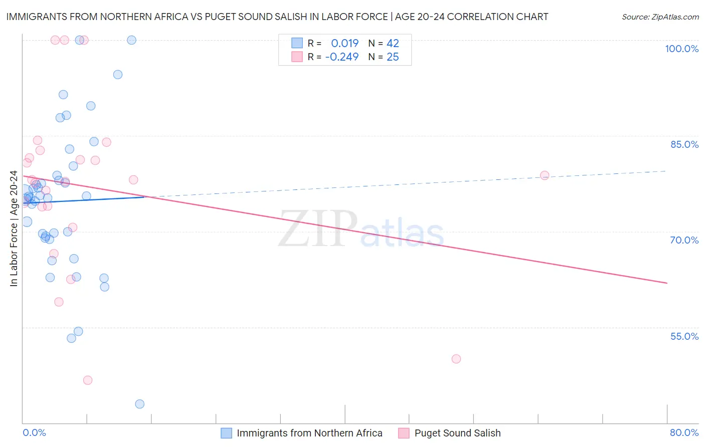 Immigrants from Northern Africa vs Puget Sound Salish In Labor Force | Age 20-24