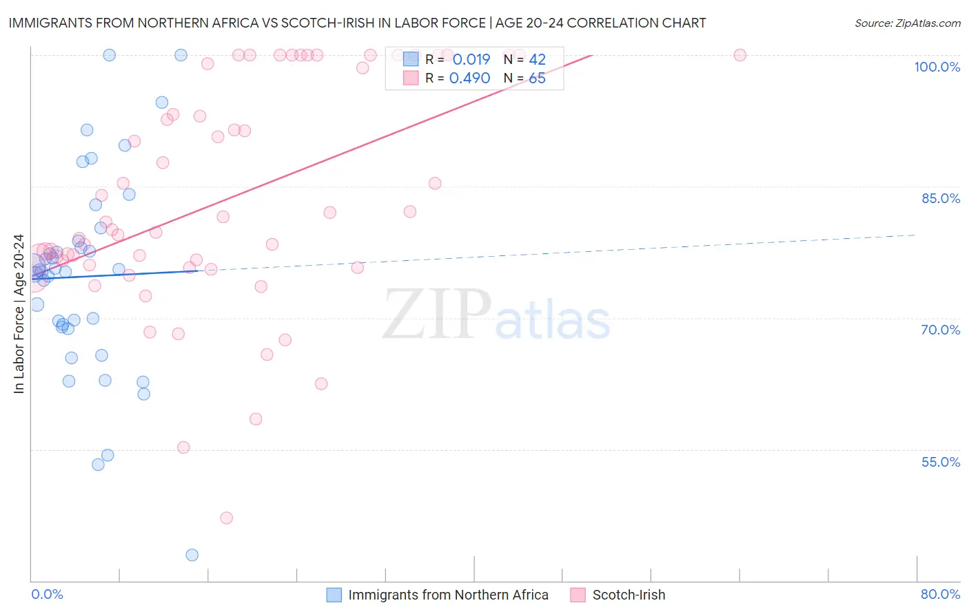 Immigrants from Northern Africa vs Scotch-Irish In Labor Force | Age 20-24