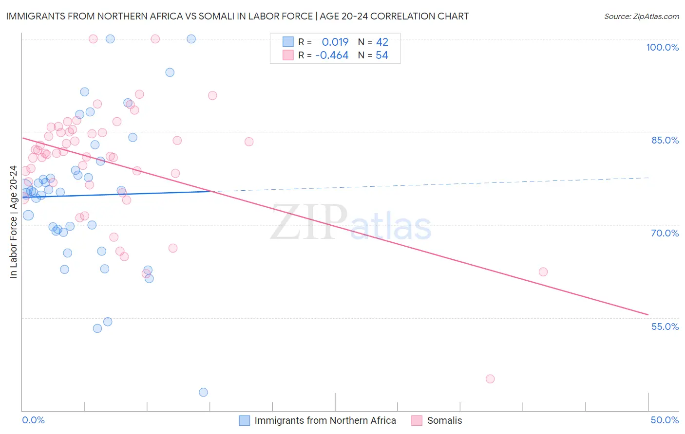 Immigrants from Northern Africa vs Somali In Labor Force | Age 20-24