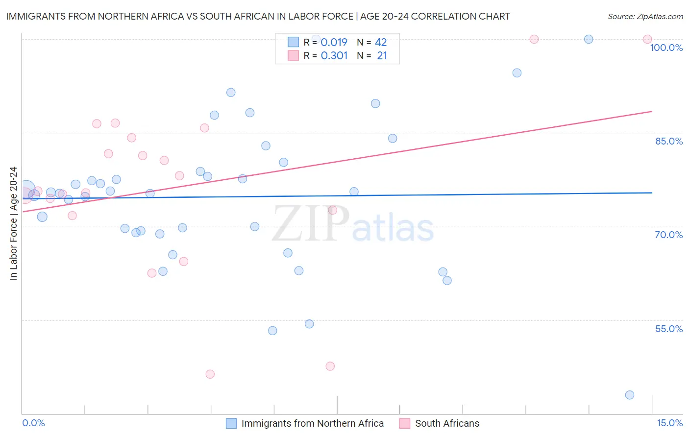 Immigrants from Northern Africa vs South African In Labor Force | Age 20-24