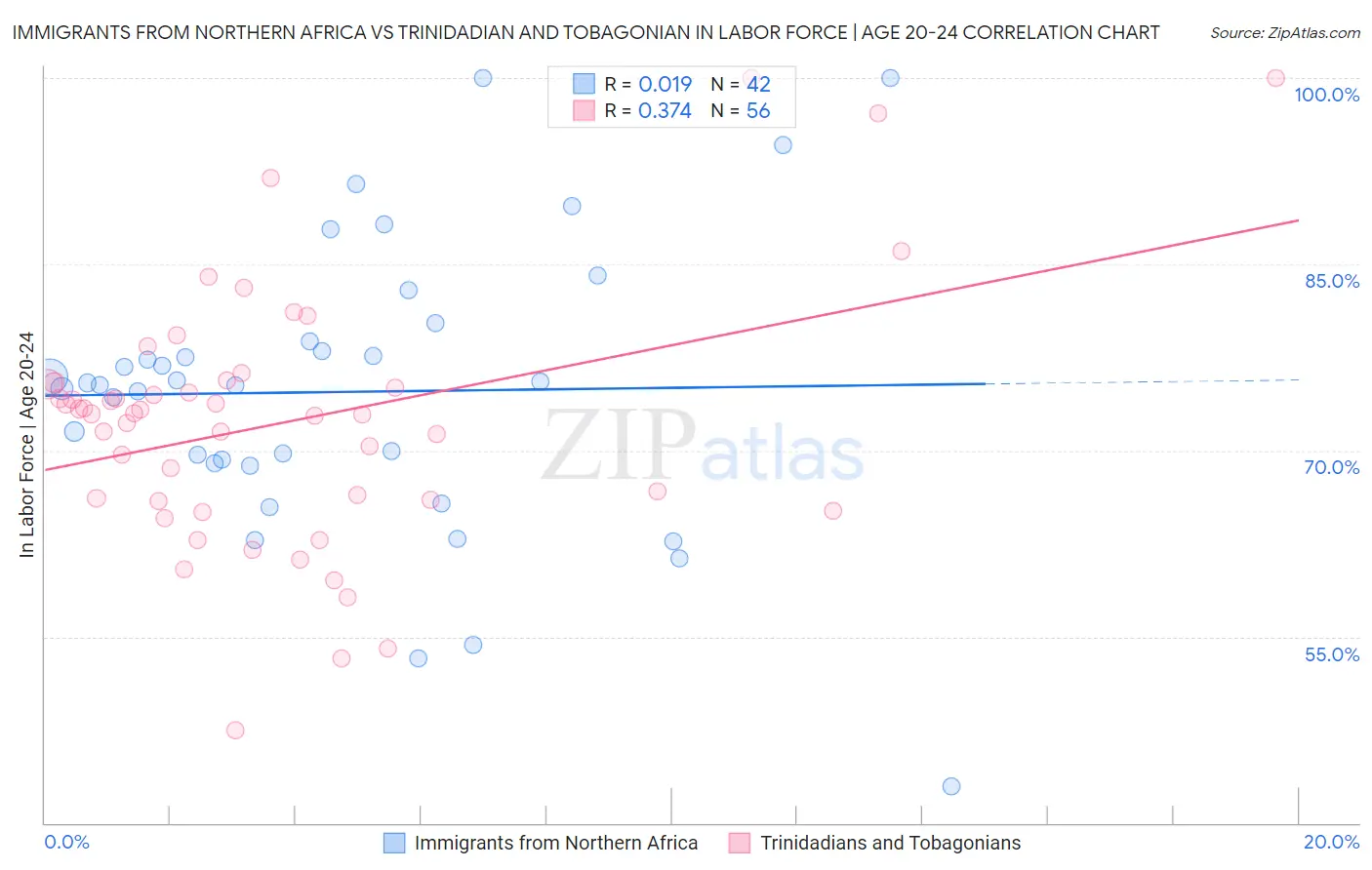 Immigrants from Northern Africa vs Trinidadian and Tobagonian In Labor Force | Age 20-24