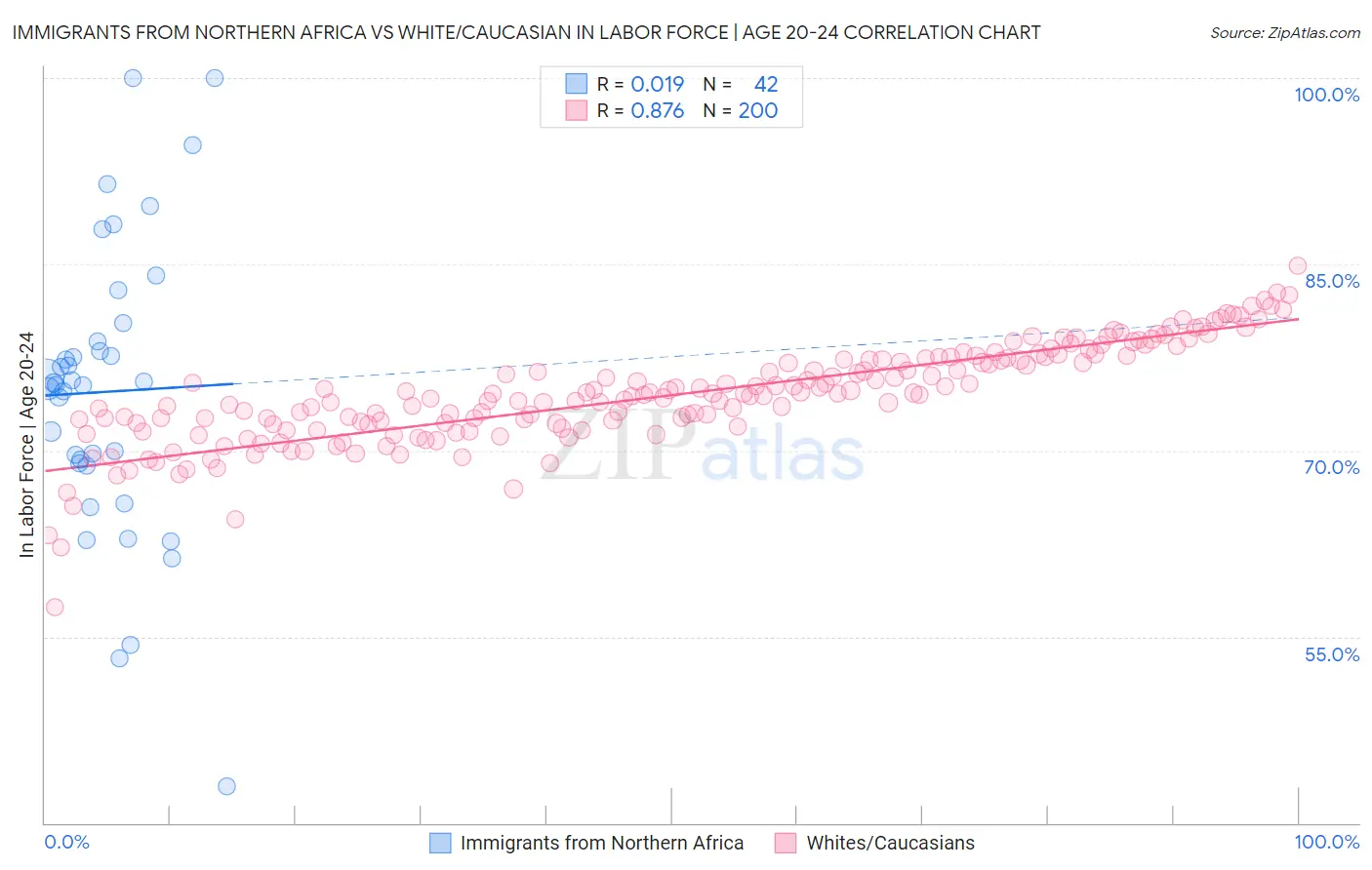 Immigrants from Northern Africa vs White/Caucasian In Labor Force | Age 20-24