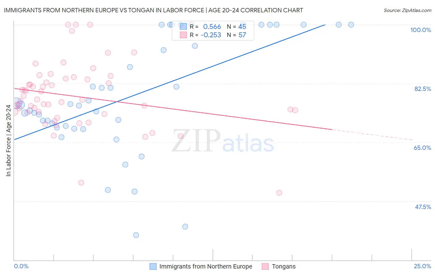 Immigrants from Northern Europe vs Tongan In Labor Force | Age 20-24