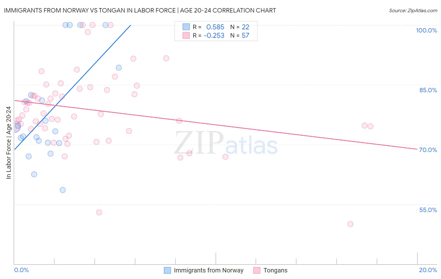Immigrants from Norway vs Tongan In Labor Force | Age 20-24