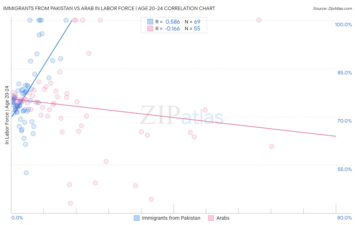 Immigrants from Pakistan vs Arab In Labor Force | Age 20-24