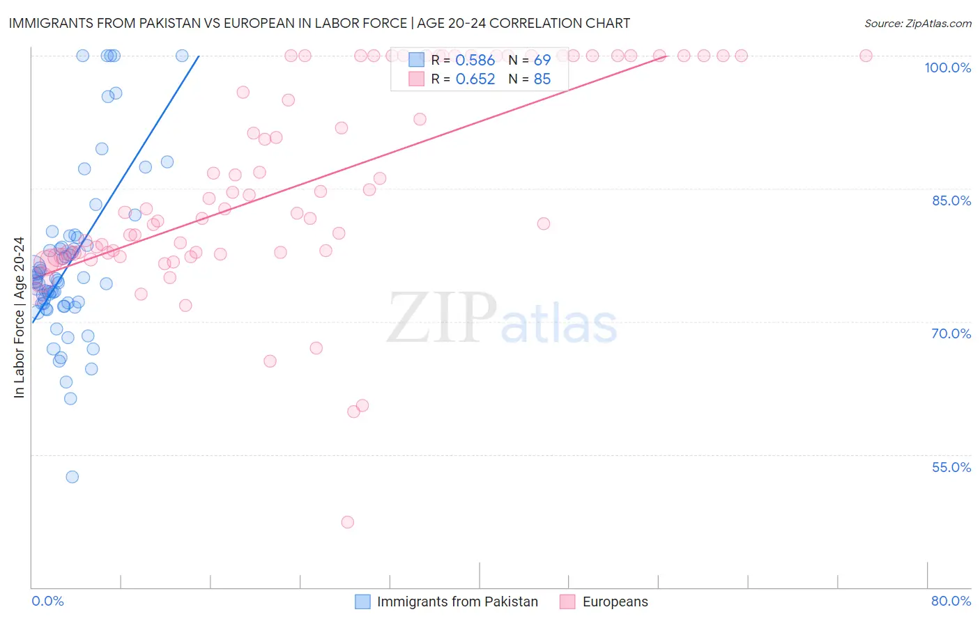 Immigrants from Pakistan vs European In Labor Force | Age 20-24