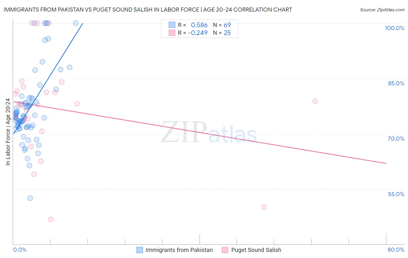 Immigrants from Pakistan vs Puget Sound Salish In Labor Force | Age 20-24
