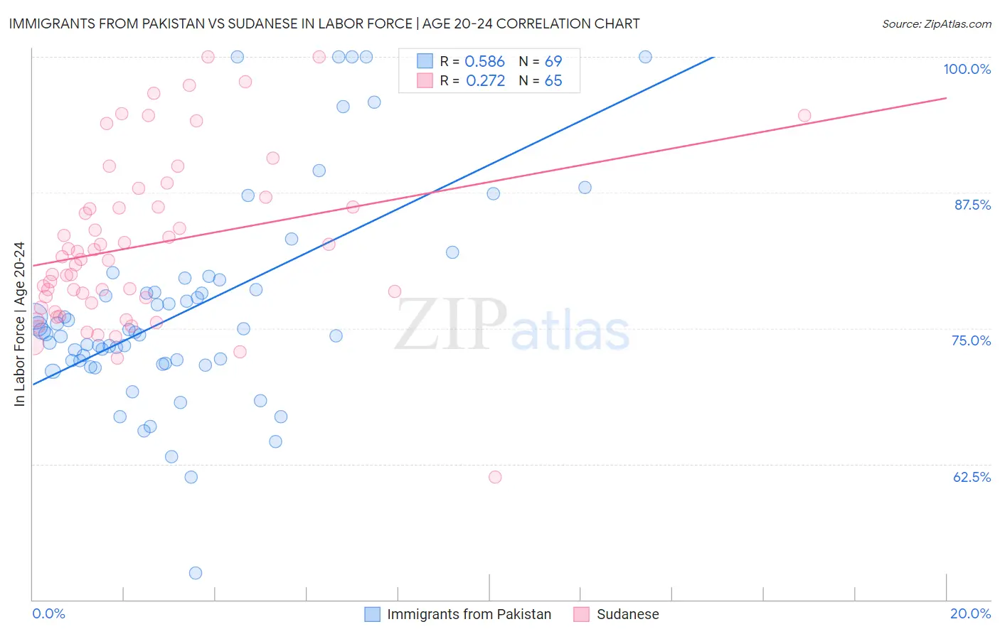 Immigrants from Pakistan vs Sudanese In Labor Force | Age 20-24