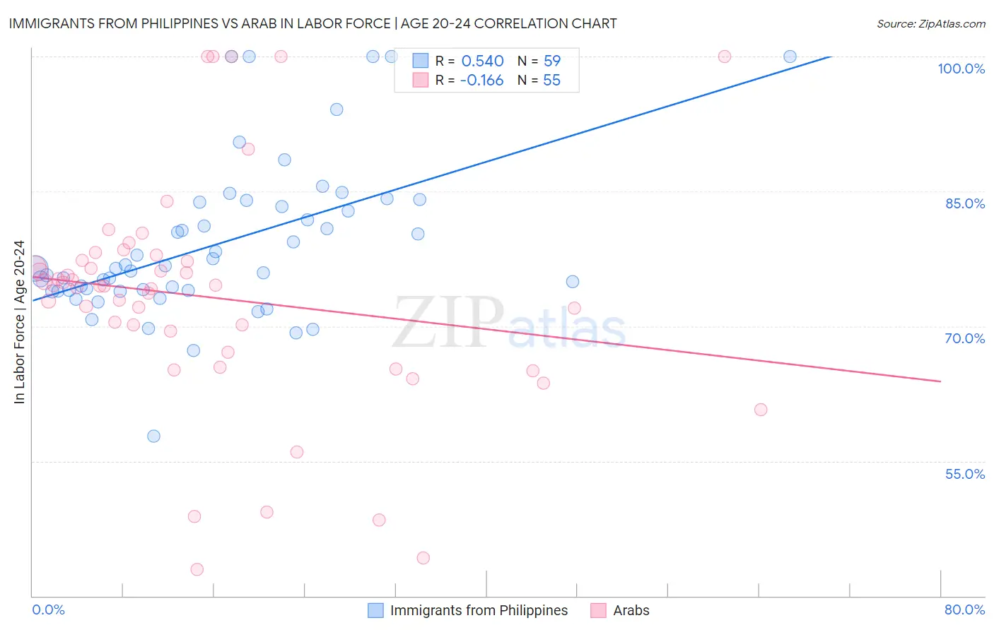Immigrants from Philippines vs Arab In Labor Force | Age 20-24