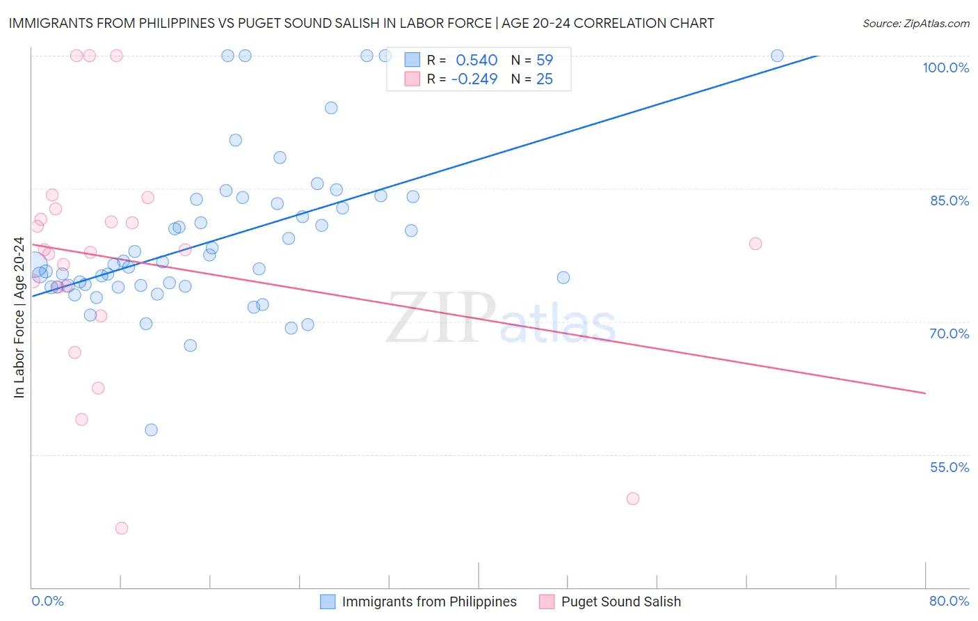 Immigrants from Philippines vs Puget Sound Salish In Labor Force | Age 20-24