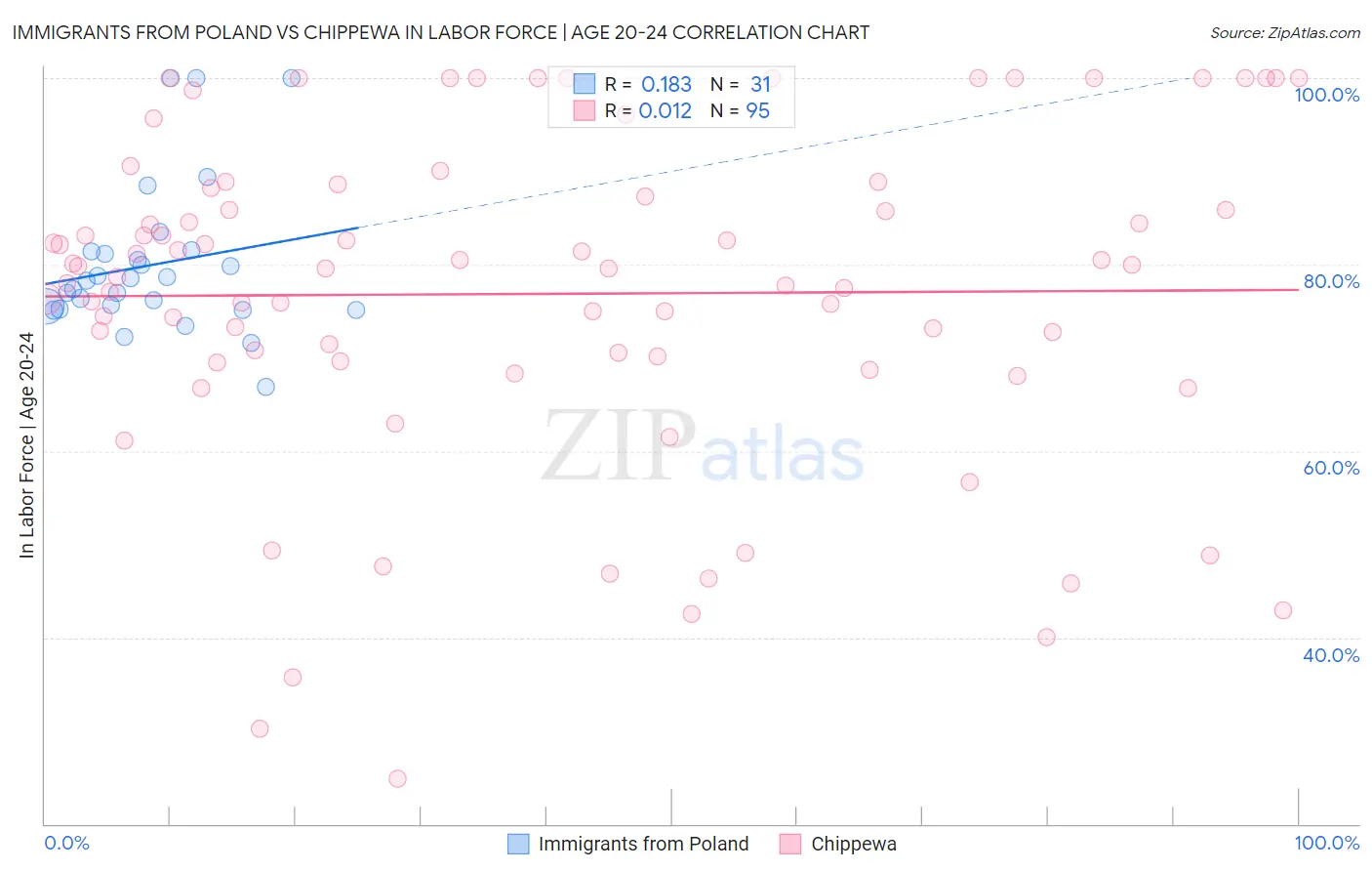 Immigrants from Poland vs Chippewa In Labor Force | Age 20-24