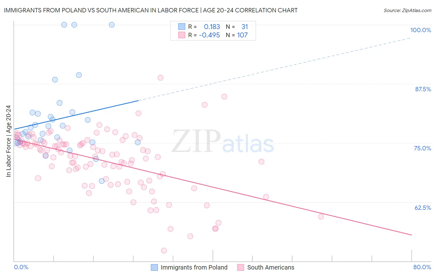 Immigrants from Poland vs South American In Labor Force | Age 20-24