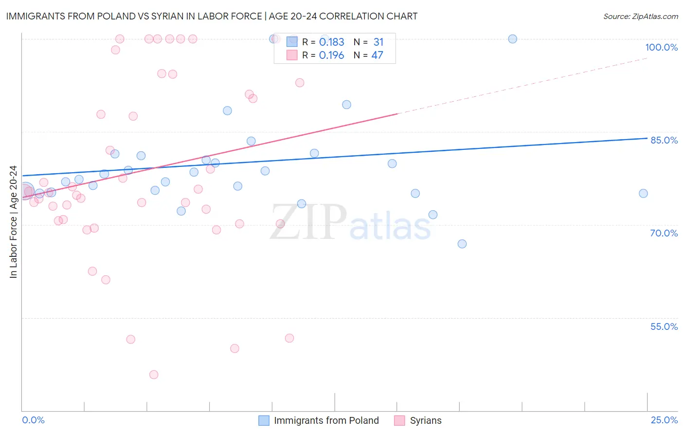 Immigrants from Poland vs Syrian In Labor Force | Age 20-24