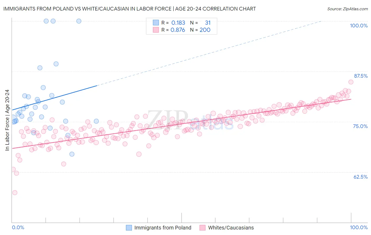 Immigrants from Poland vs White/Caucasian In Labor Force | Age 20-24