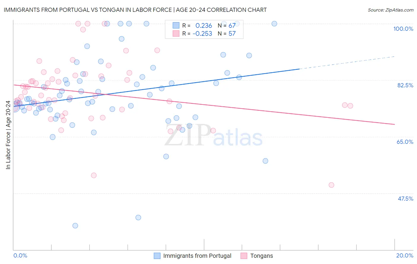 Immigrants from Portugal vs Tongan In Labor Force | Age 20-24