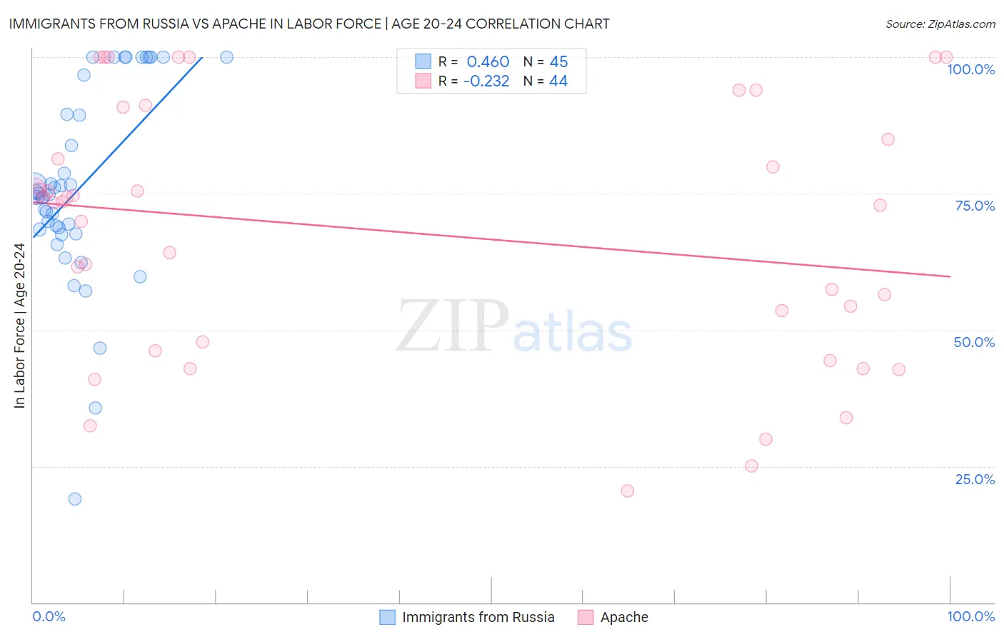 Immigrants from Russia vs Apache In Labor Force | Age 20-24