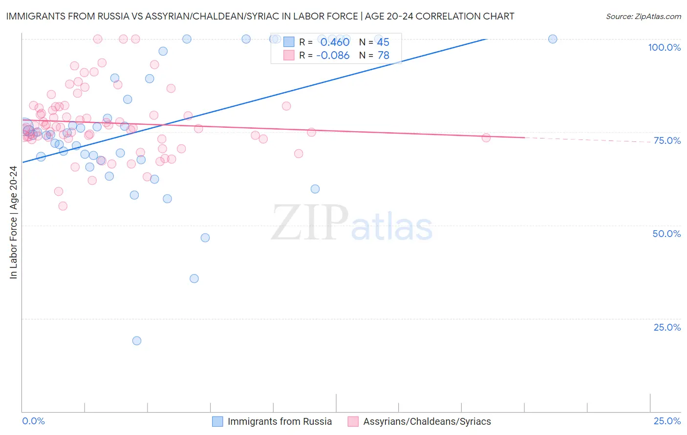 Immigrants from Russia vs Assyrian/Chaldean/Syriac In Labor Force | Age 20-24