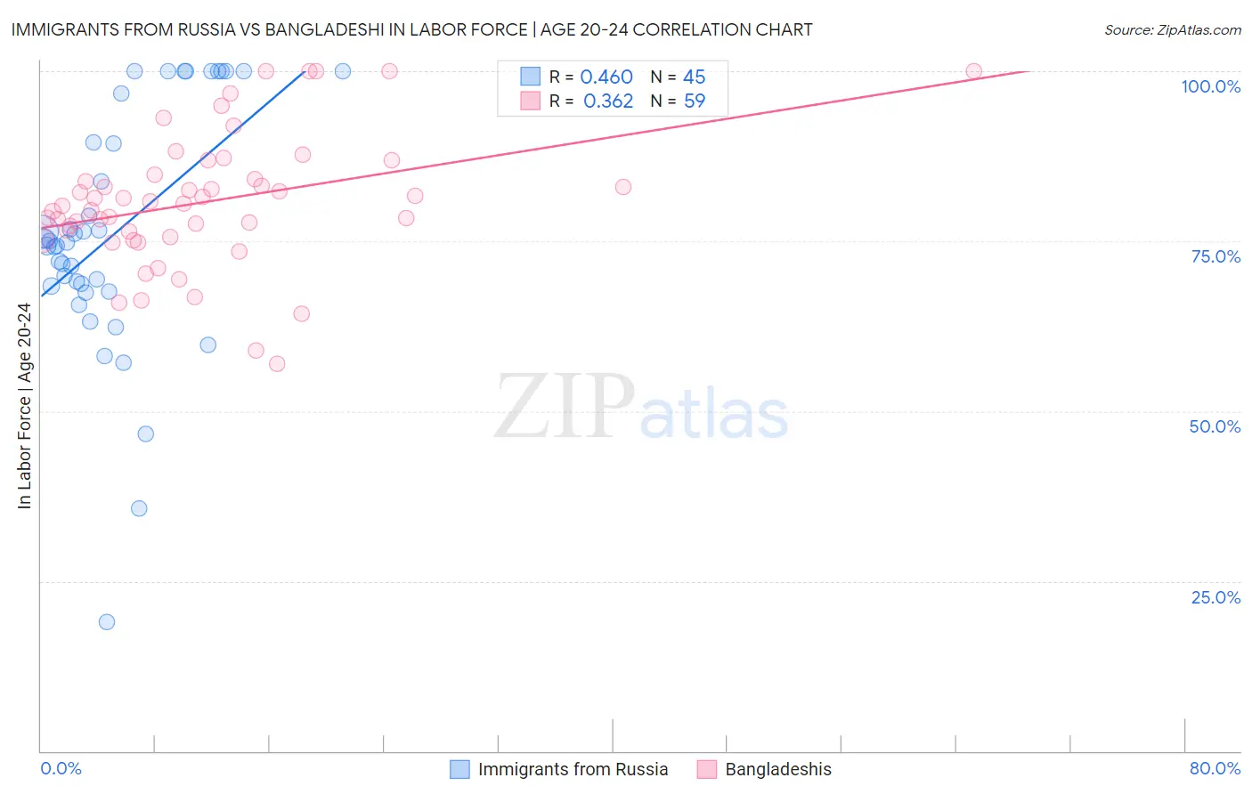Immigrants from Russia vs Bangladeshi In Labor Force | Age 20-24