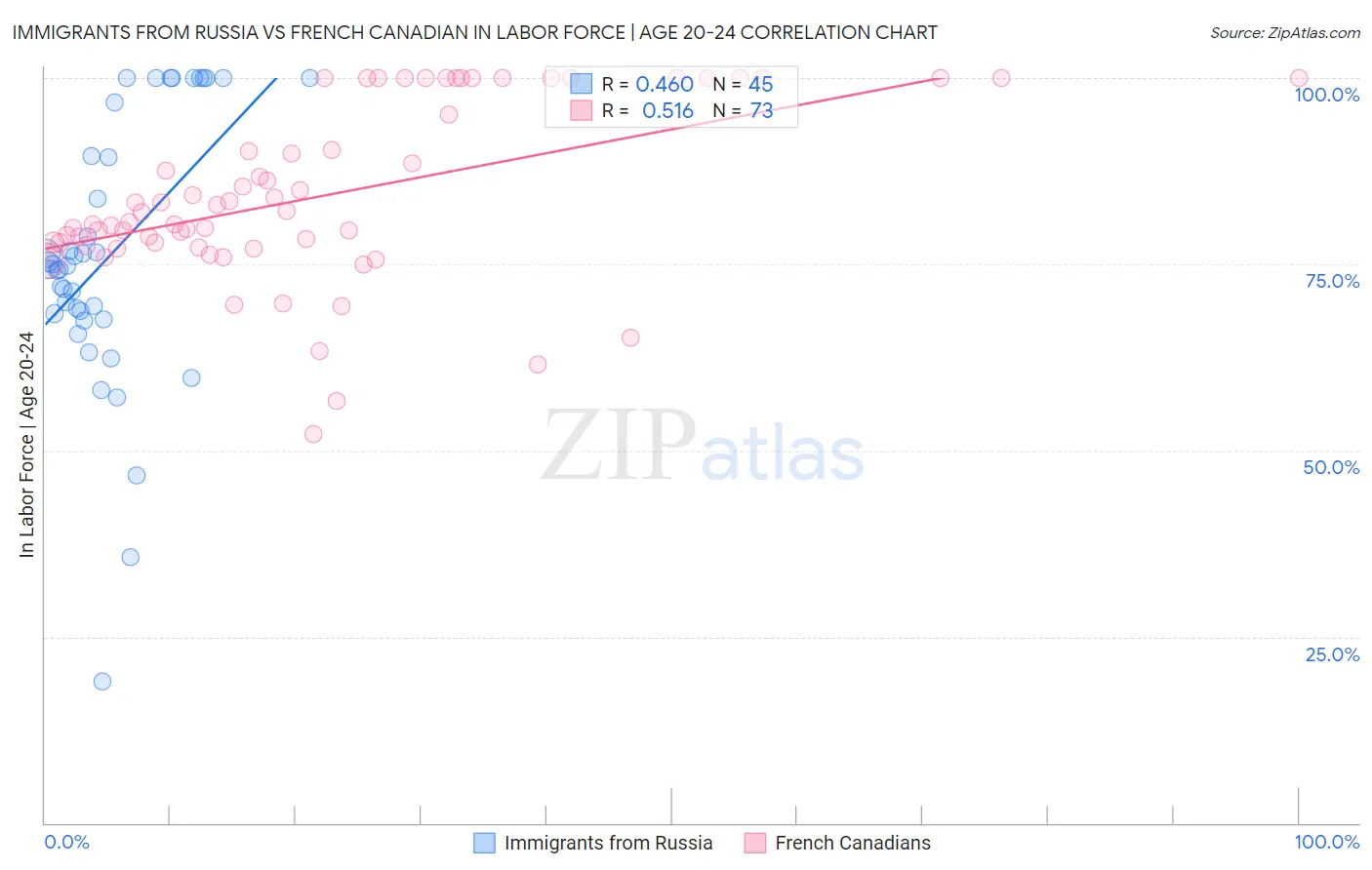Immigrants from Russia vs French Canadian In Labor Force | Age 20-24