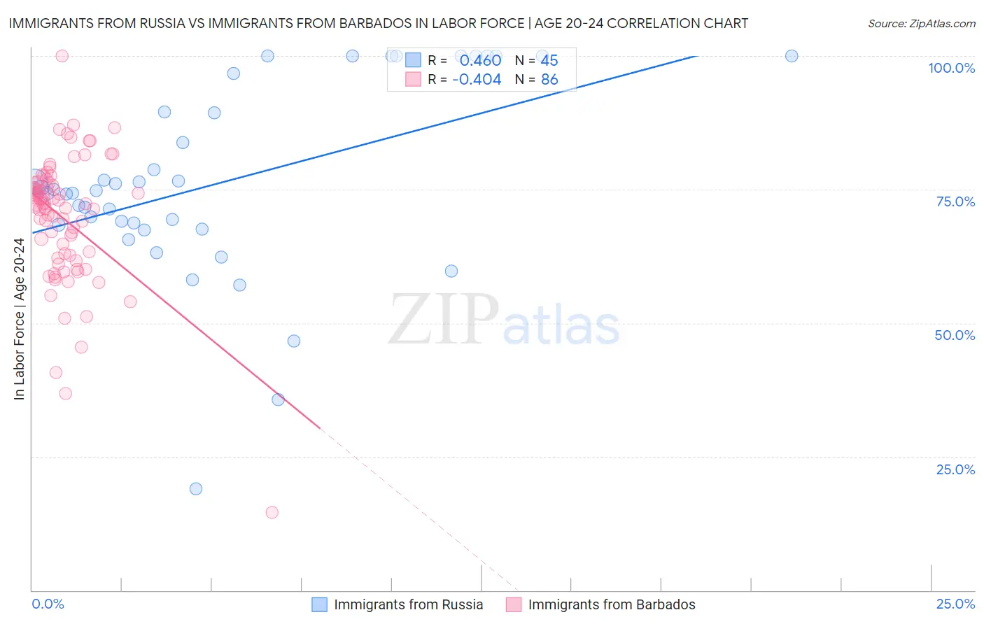 Immigrants from Russia vs Immigrants from Barbados In Labor Force | Age 20-24