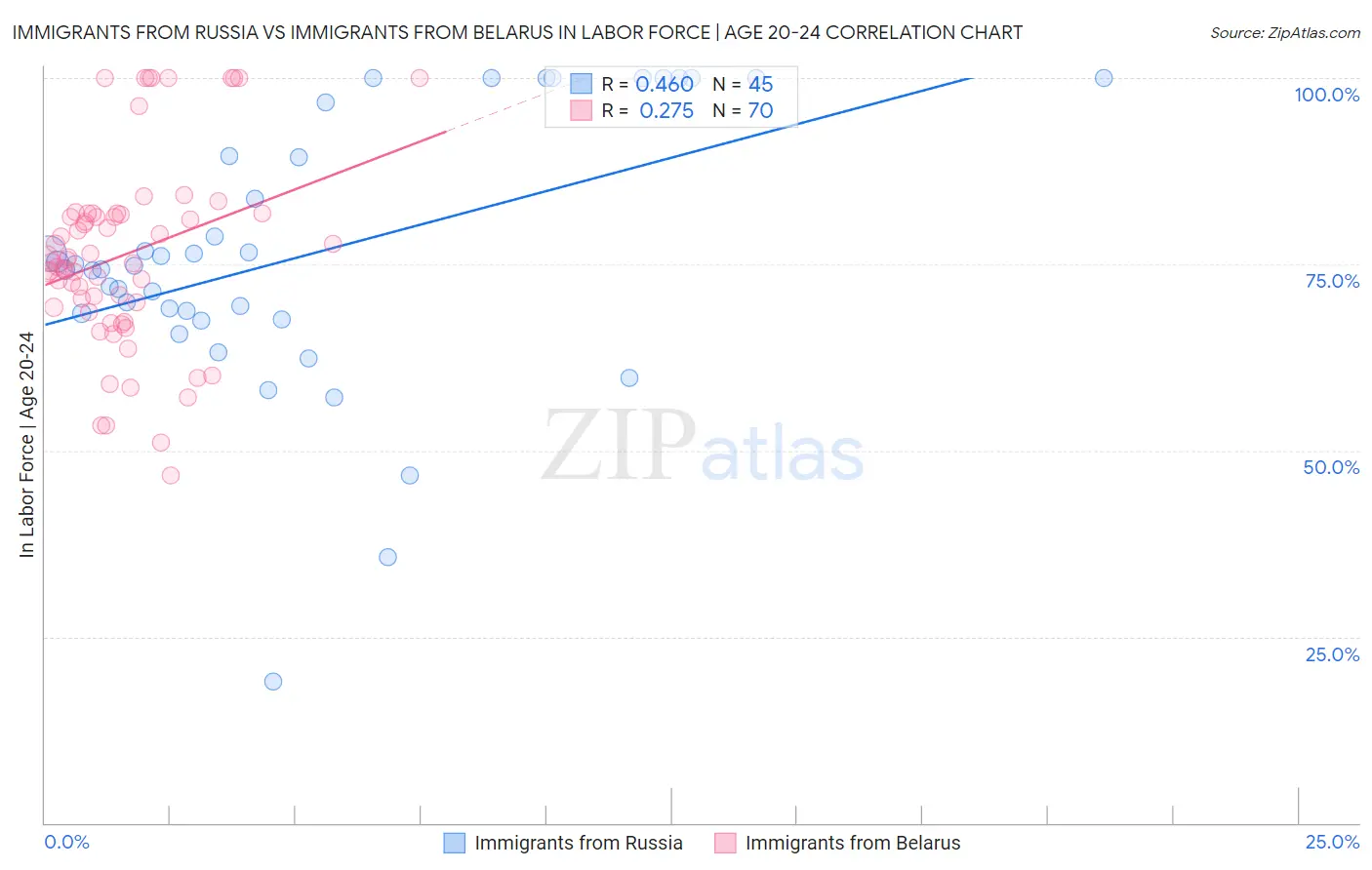 Immigrants from Russia vs Immigrants from Belarus In Labor Force | Age 20-24