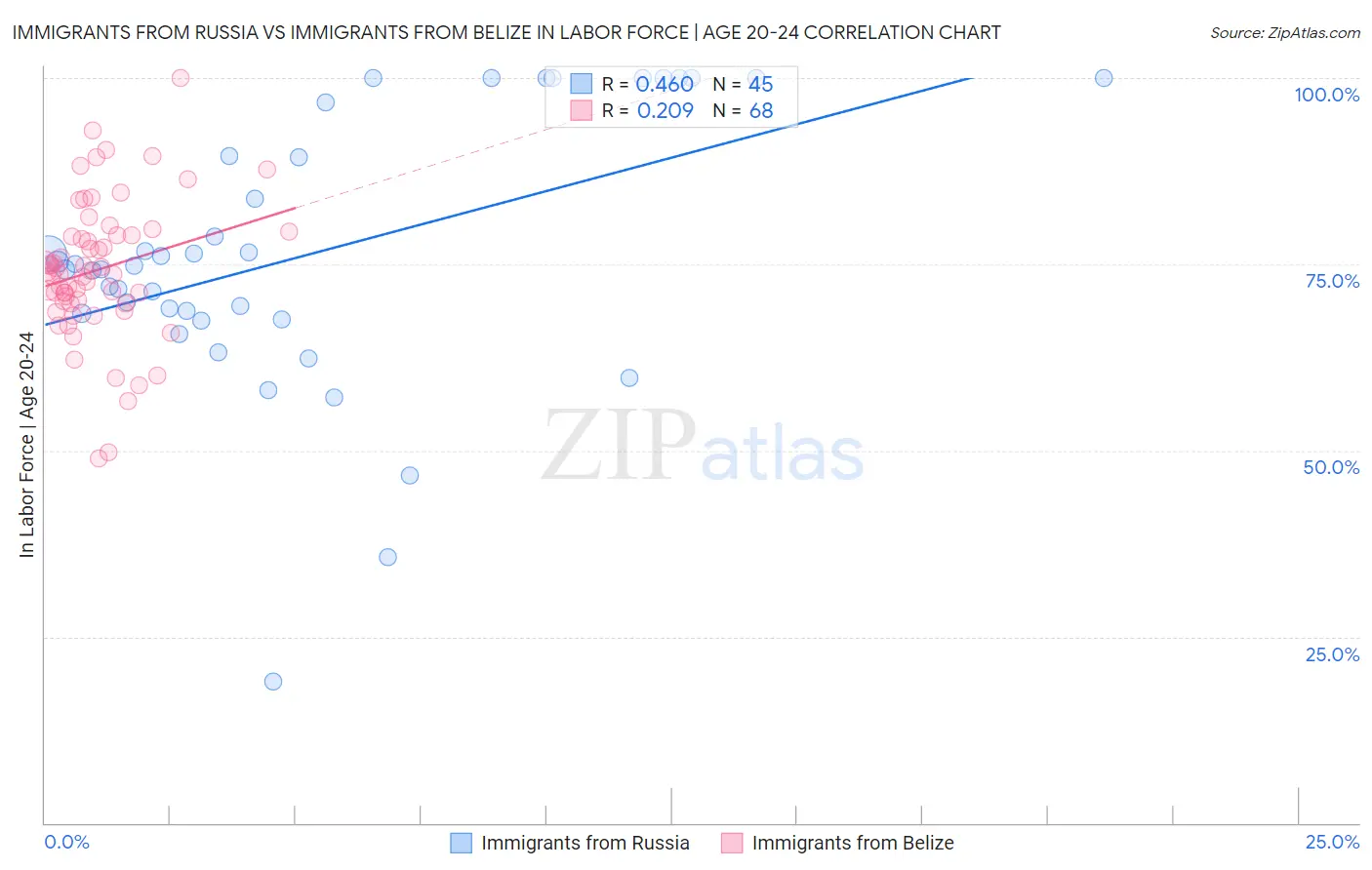 Immigrants from Russia vs Immigrants from Belize In Labor Force | Age 20-24