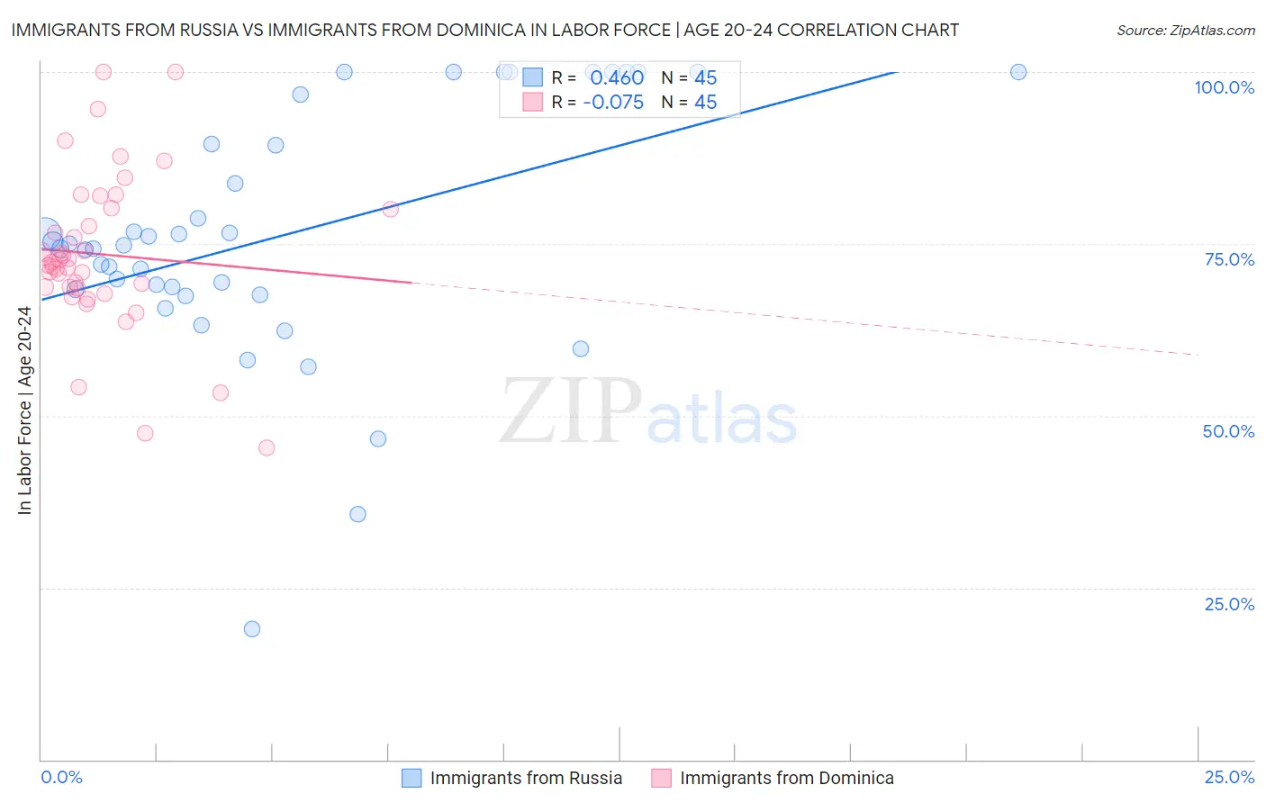 Immigrants from Russia vs Immigrants from Dominica In Labor Force | Age 20-24