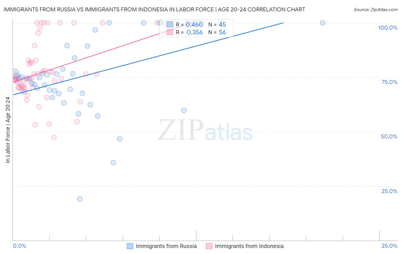 Immigrants from Russia vs Immigrants from Indonesia In Labor Force | Age 20-24