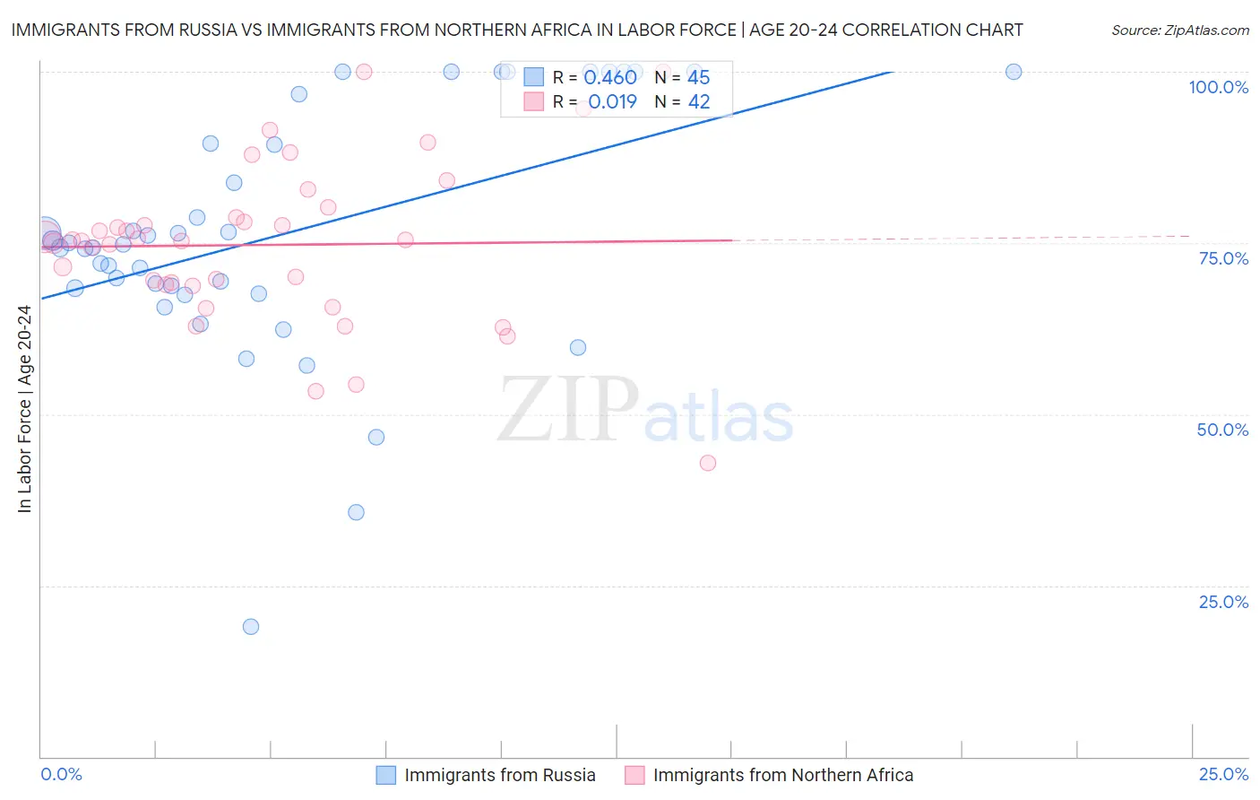 Immigrants from Russia vs Immigrants from Northern Africa In Labor Force | Age 20-24