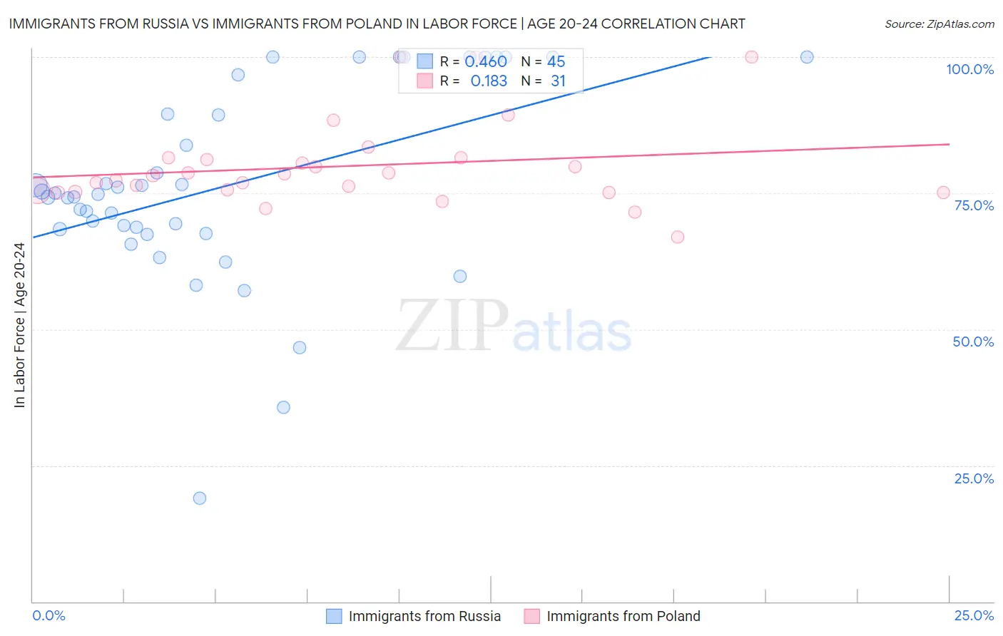 Immigrants from Russia vs Immigrants from Poland In Labor Force | Age 20-24