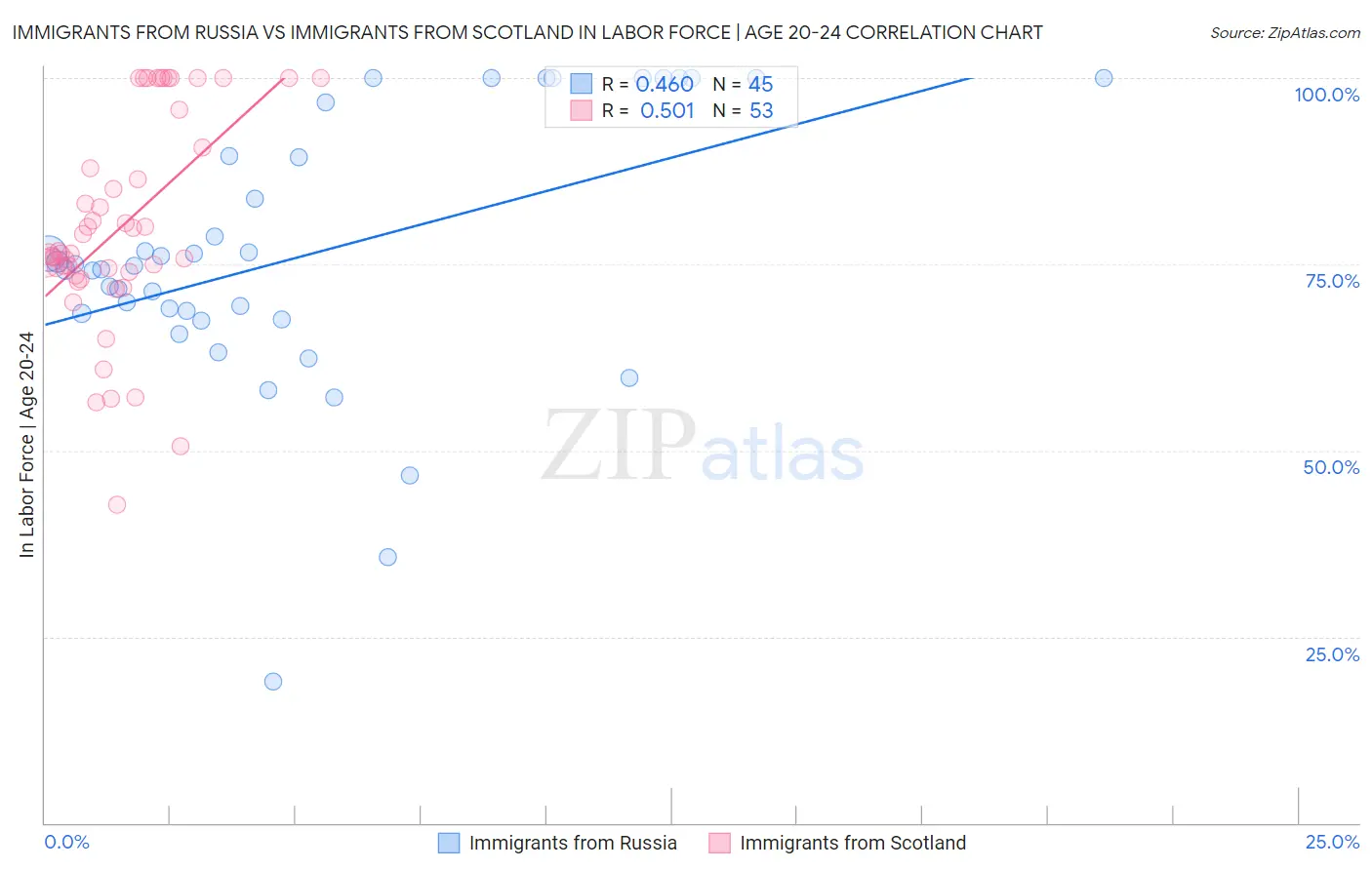 Immigrants from Russia vs Immigrants from Scotland In Labor Force | Age 20-24