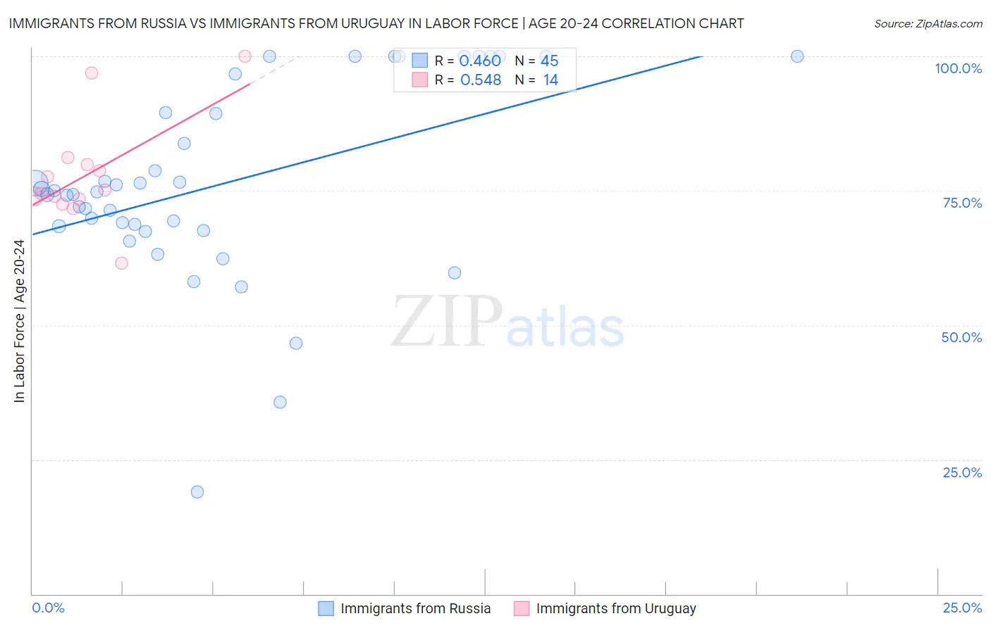 Immigrants from Russia vs Immigrants from Uruguay In Labor Force | Age 20-24