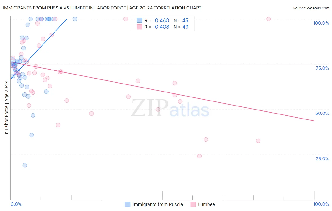 Immigrants from Russia vs Lumbee In Labor Force | Age 20-24