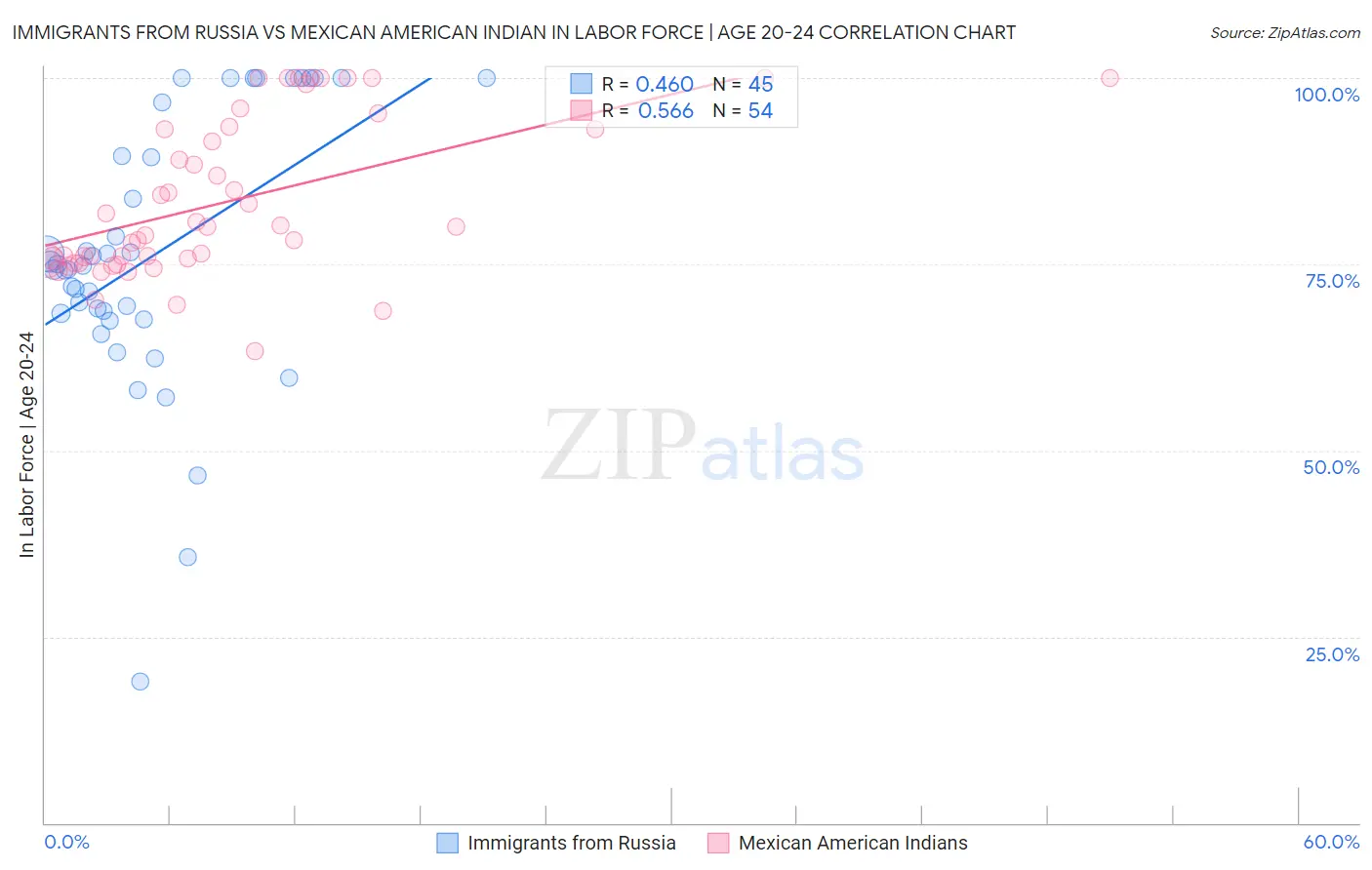 Immigrants from Russia vs Mexican American Indian In Labor Force | Age 20-24