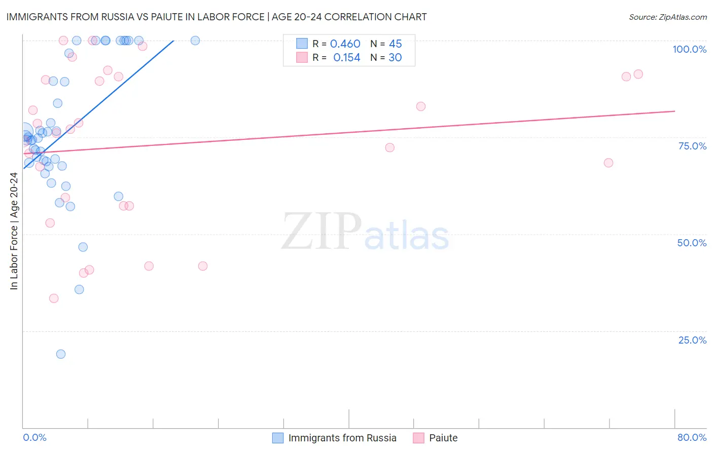 Immigrants from Russia vs Paiute In Labor Force | Age 20-24