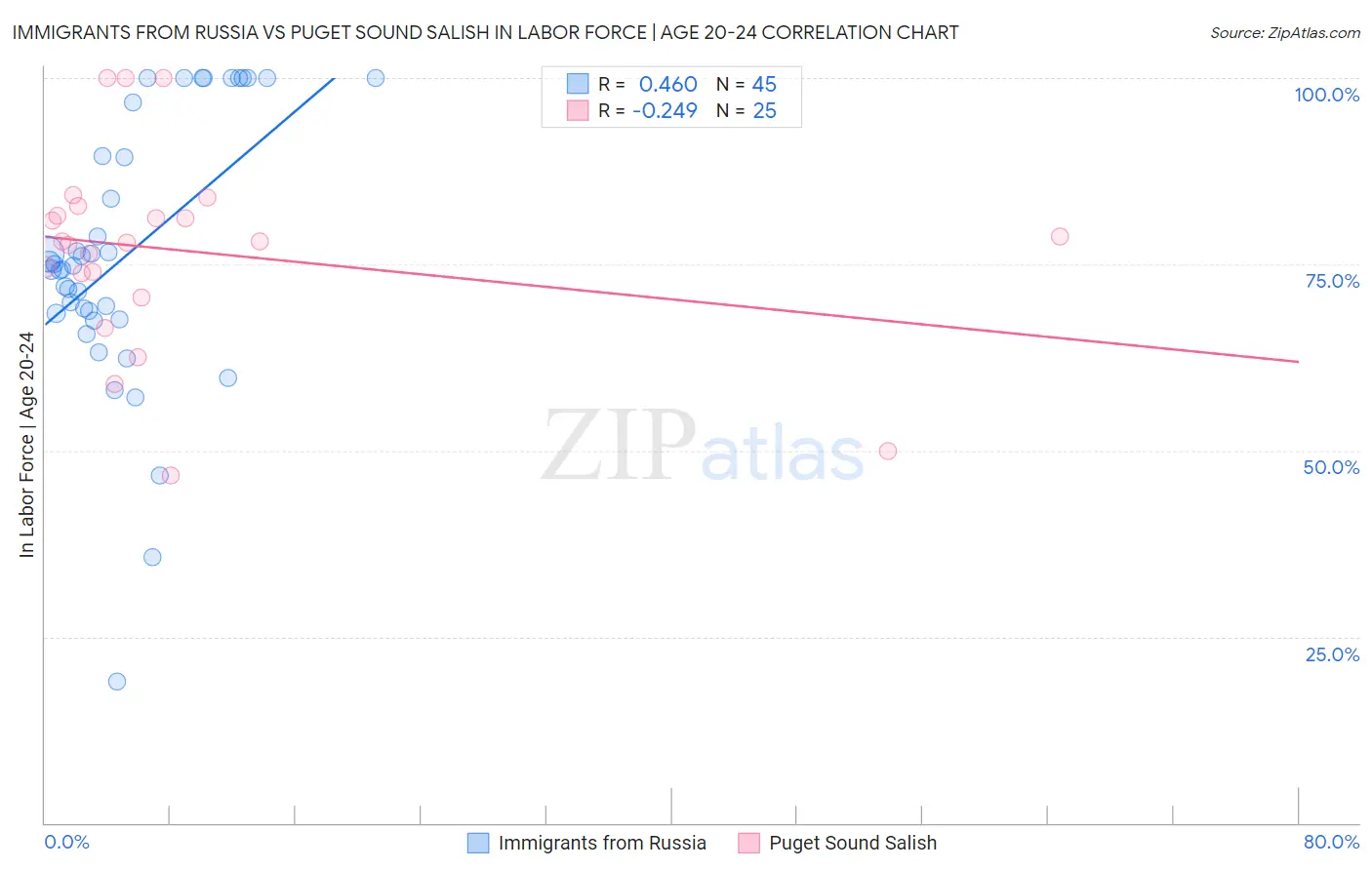 Immigrants from Russia vs Puget Sound Salish In Labor Force | Age 20-24