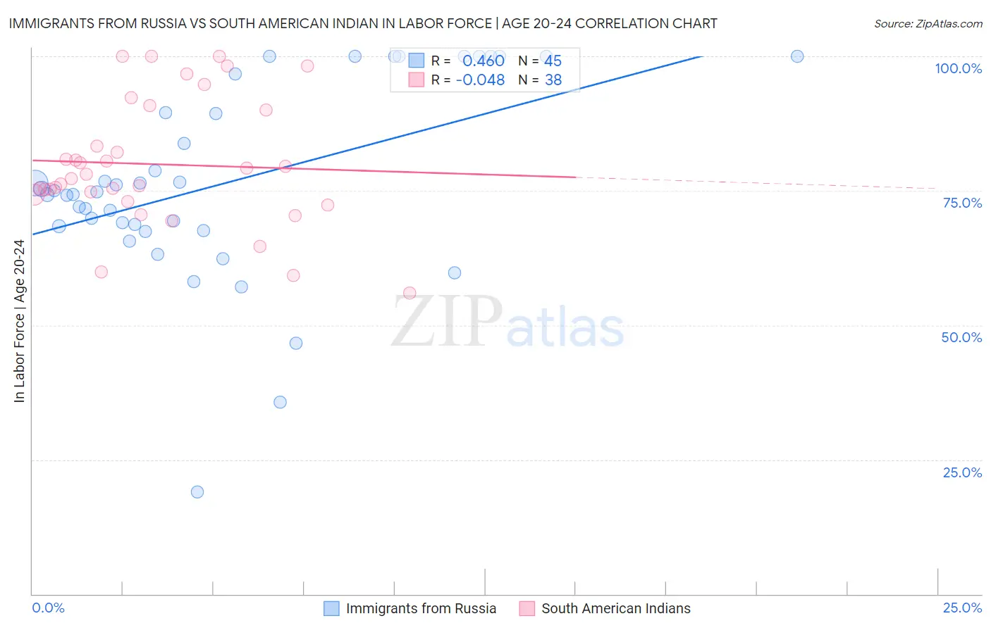 Immigrants from Russia vs South American Indian In Labor Force | Age 20-24