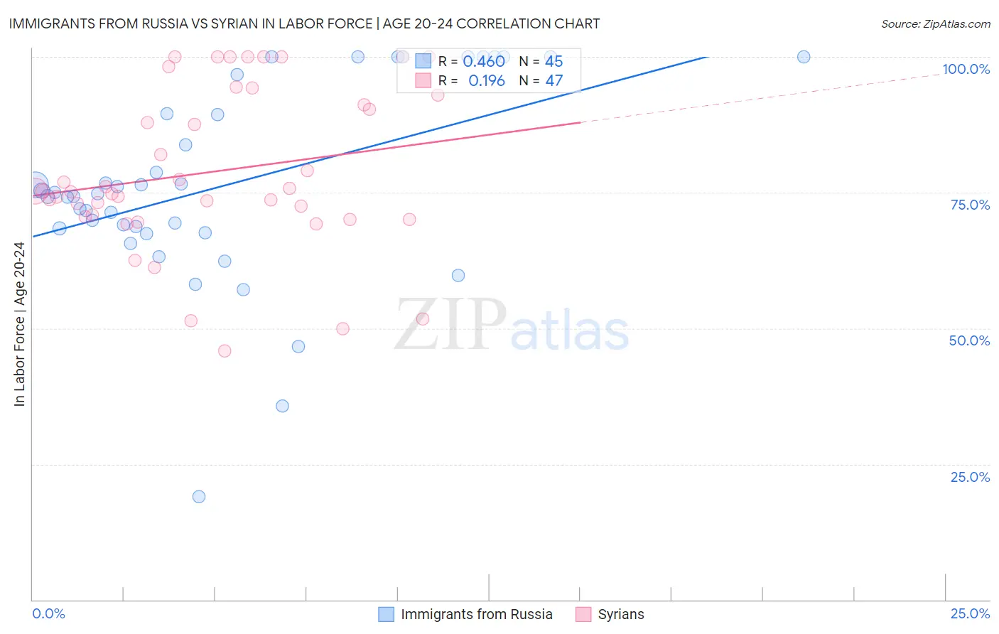 Immigrants from Russia vs Syrian In Labor Force | Age 20-24