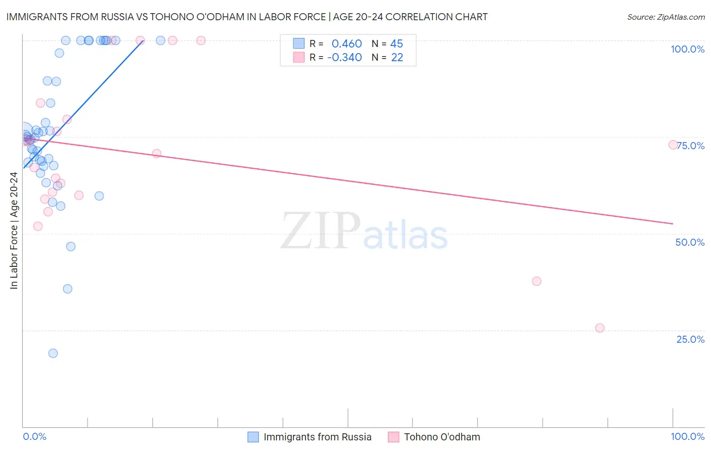 Immigrants from Russia vs Tohono O'odham In Labor Force | Age 20-24