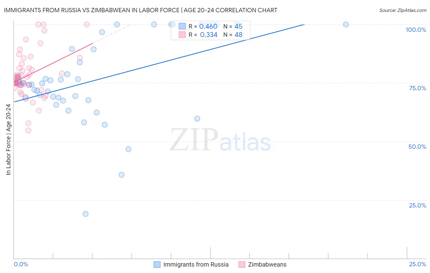 Immigrants from Russia vs Zimbabwean In Labor Force | Age 20-24