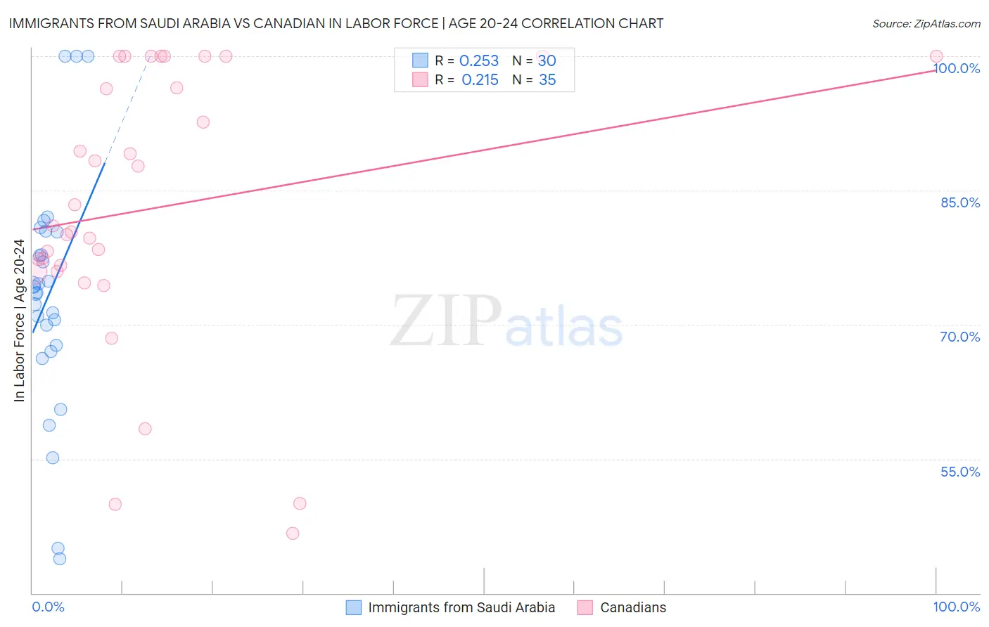 Immigrants from Saudi Arabia vs Canadian In Labor Force | Age 20-24
