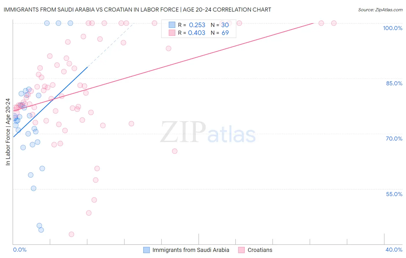 Immigrants from Saudi Arabia vs Croatian In Labor Force | Age 20-24