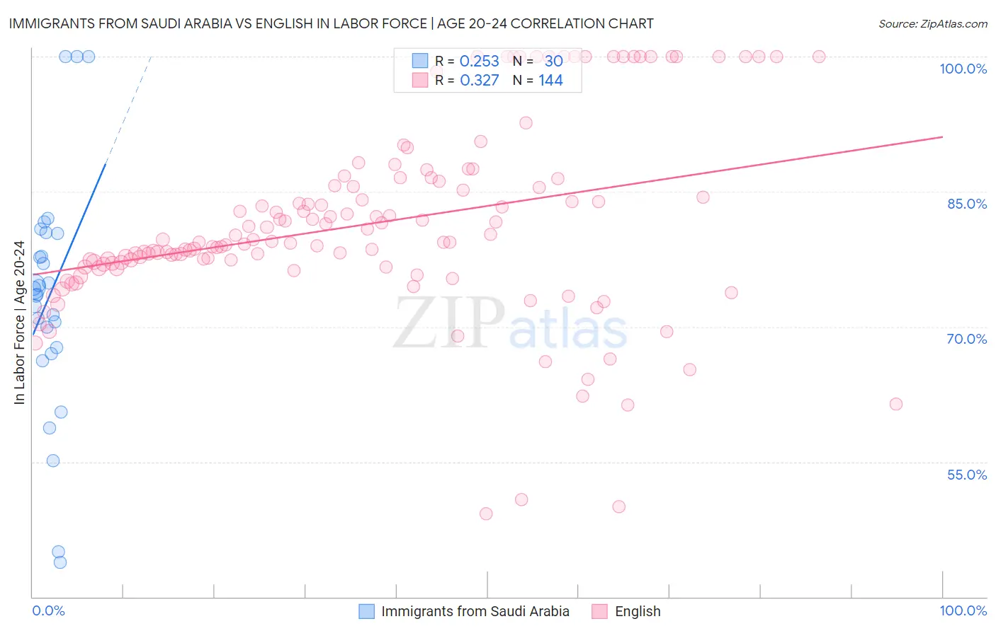 Immigrants from Saudi Arabia vs English In Labor Force | Age 20-24
