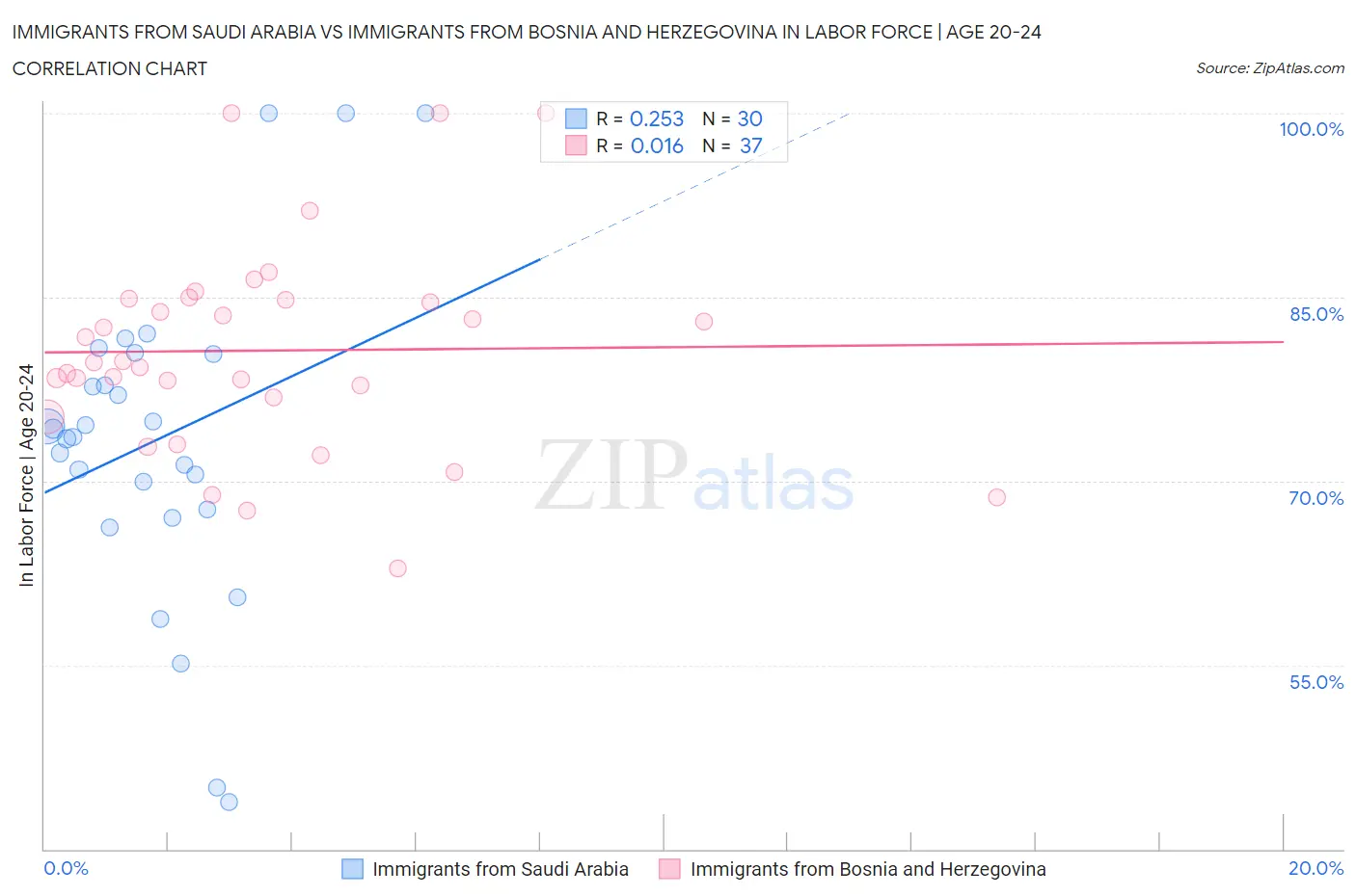 Immigrants from Saudi Arabia vs Immigrants from Bosnia and Herzegovina In Labor Force | Age 20-24