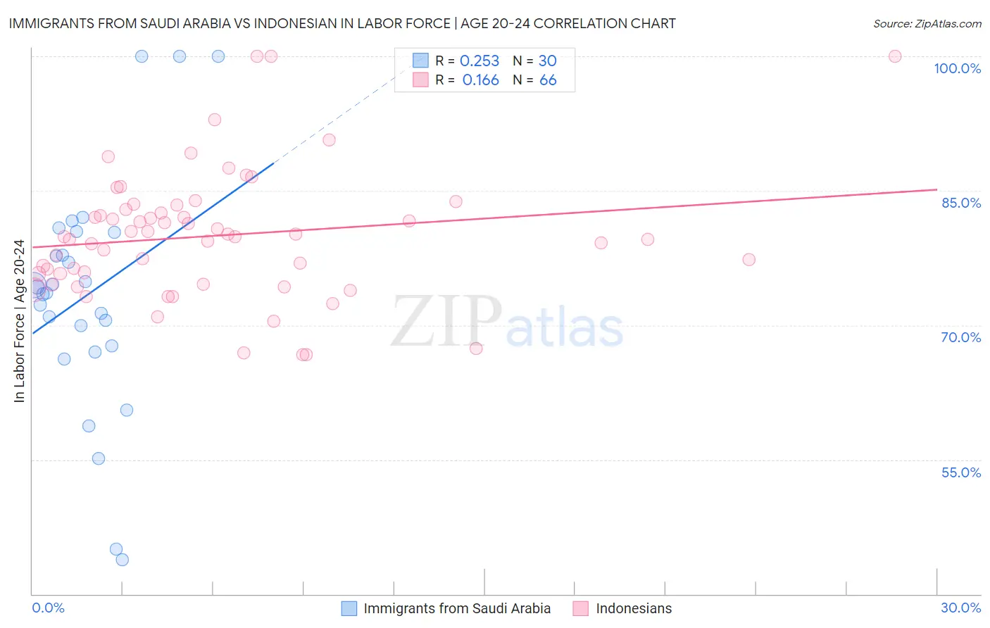 Immigrants from Saudi Arabia vs Indonesian In Labor Force | Age 20-24