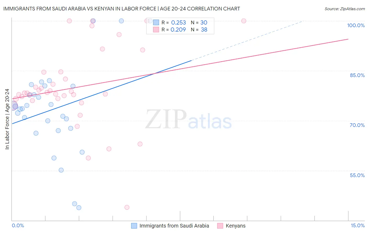 Immigrants from Saudi Arabia vs Kenyan In Labor Force | Age 20-24