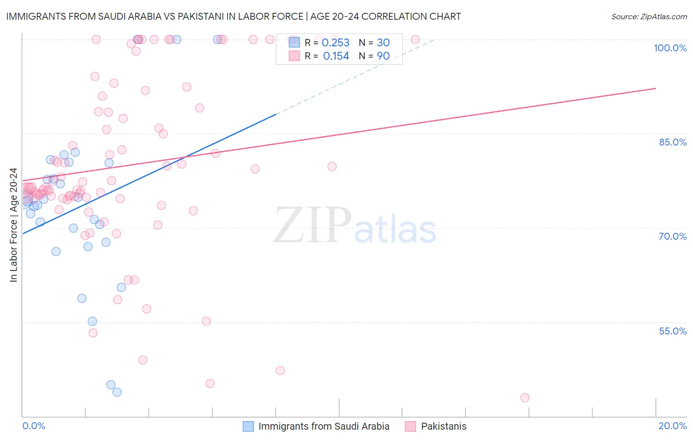 Immigrants from Saudi Arabia vs Pakistani In Labor Force | Age 20-24